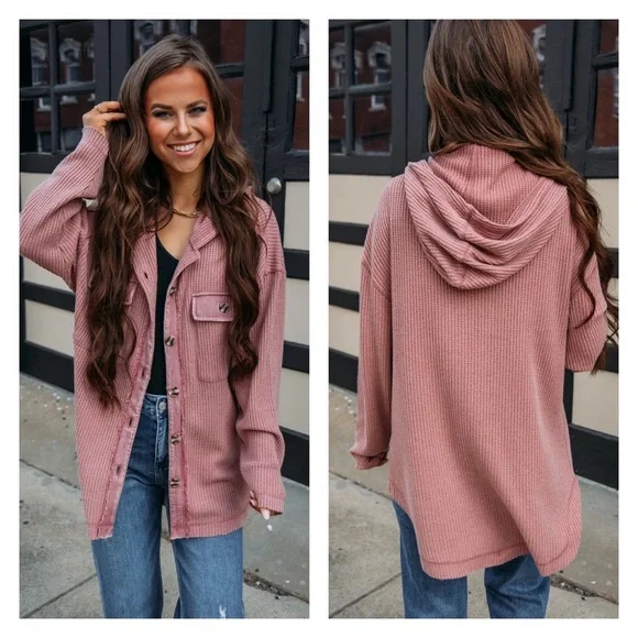 NWT Very J Mauve Thermal Waffle Knit Button Down Shacket Jacket Hoodie Hoody - Picture 7 of 11